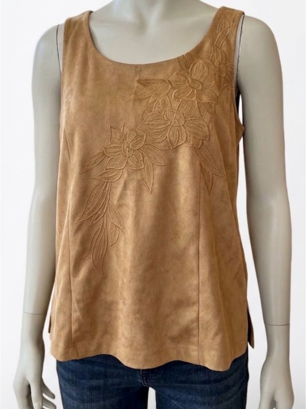 Soft Surroundings Tan Suede Boho Embroidered Sleeveless Top XL - Picture 1 of 14